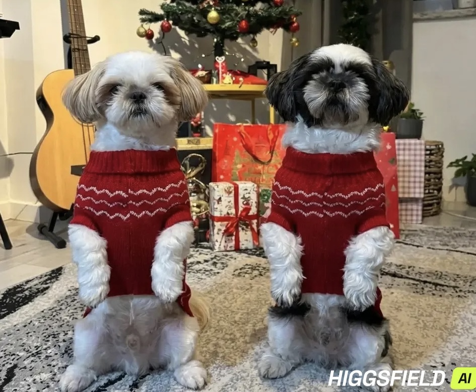 Dois cachorros com suéteres de Natal